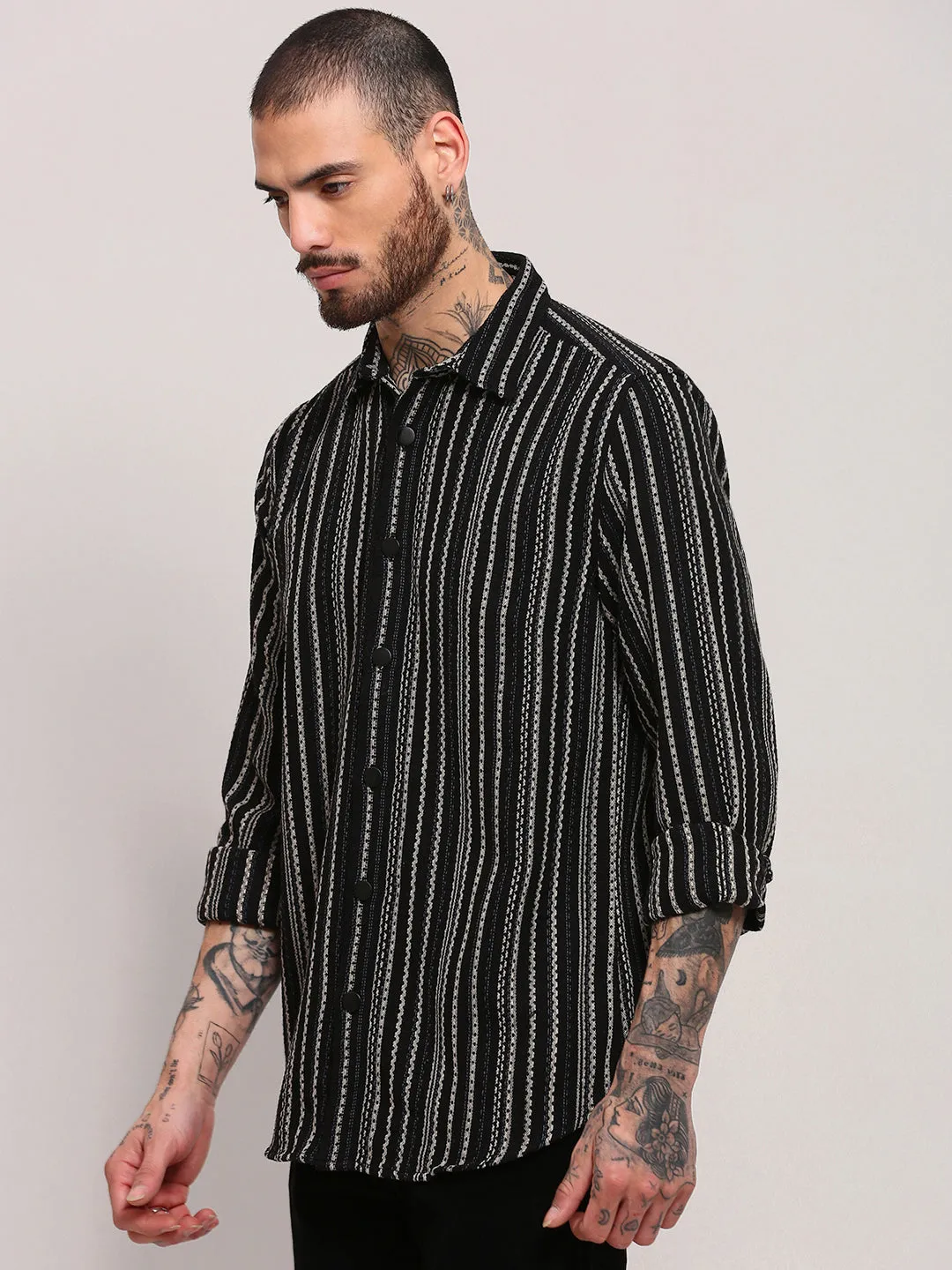 Men Black Spread Collar Striped Shacket