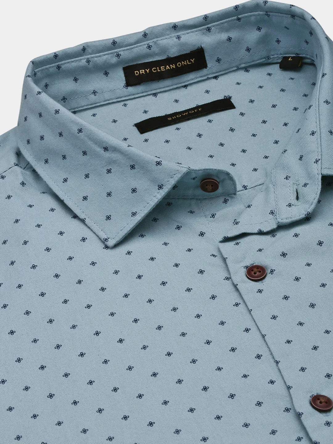 Men Blue Spread Collar Micro Print Slim Fit Casual Shirt