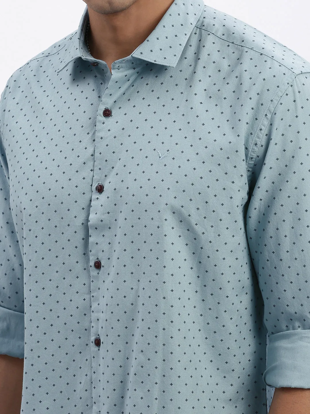 Men Blue Spread Collar Micro Print Slim Fit Casual Shirt