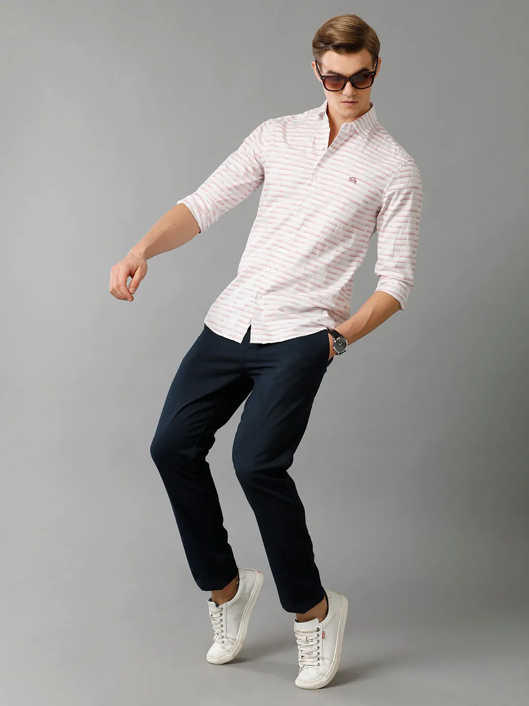 Men Light Pink Checked Slim Fit Giza Cotton Casual Shirt