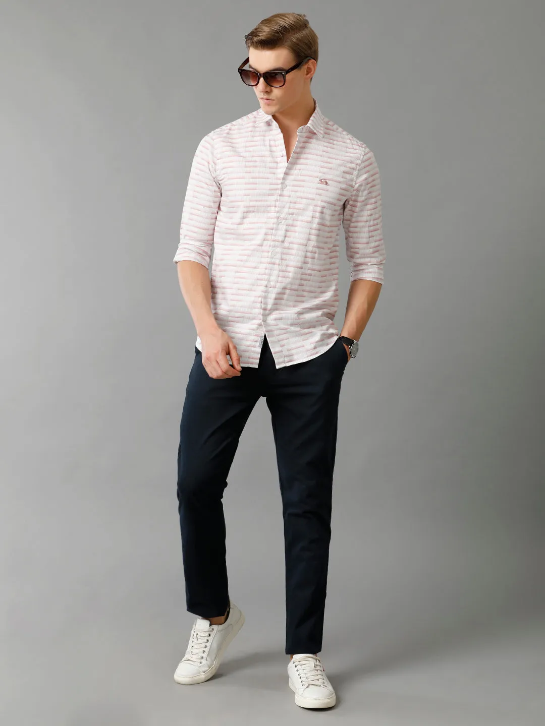 Men Light Pink Checked Slim Fit Giza Cotton Casual Shirt