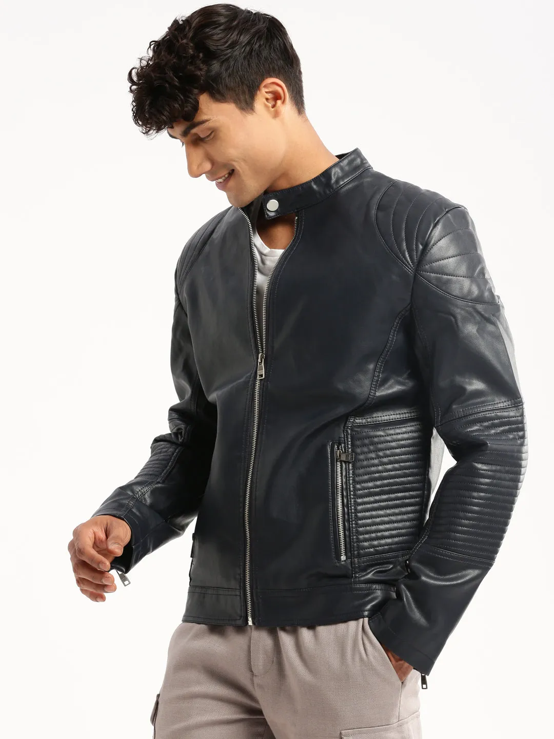 Men Navy Blue Stand Collar Tailored Jacket