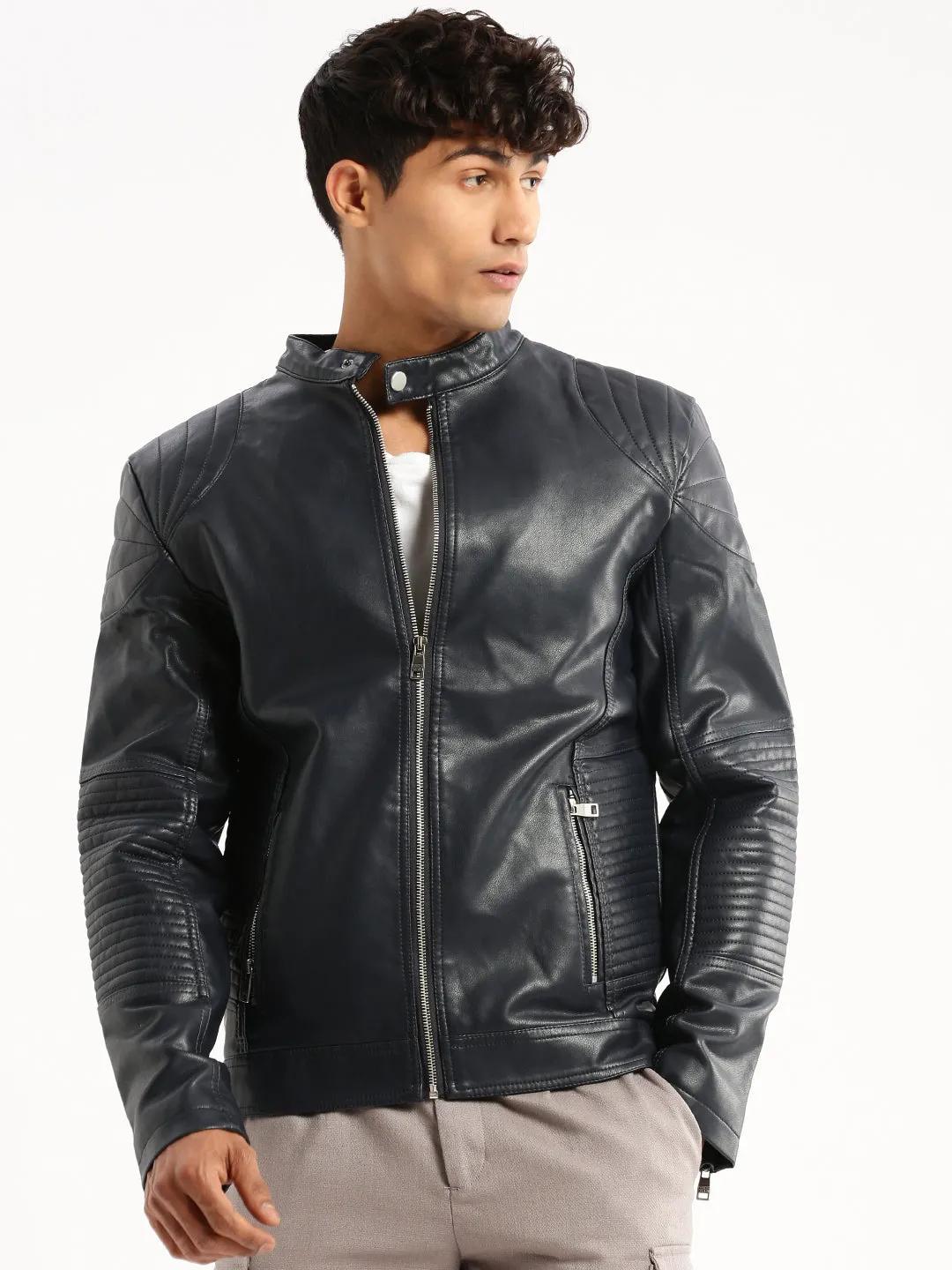 Men Navy Blue Stand Collar Tailored Jacket