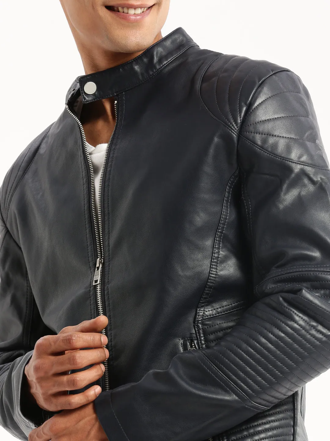 Men Navy Blue Stand Collar Tailored Jacket