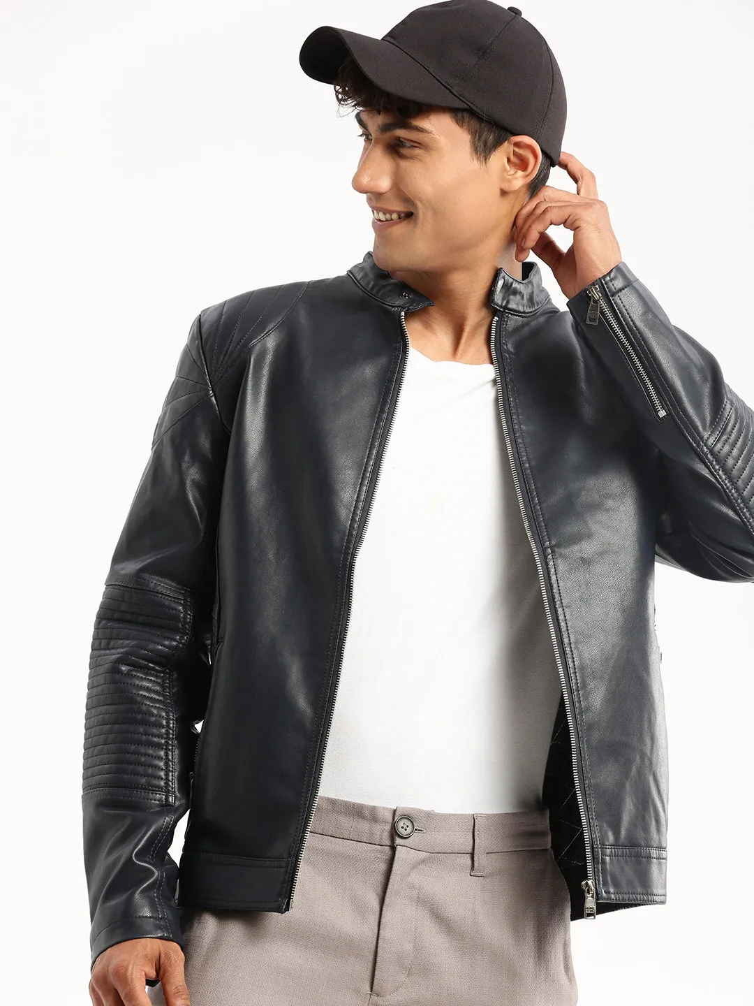 Men Navy Blue Stand Collar Tailored Jacket