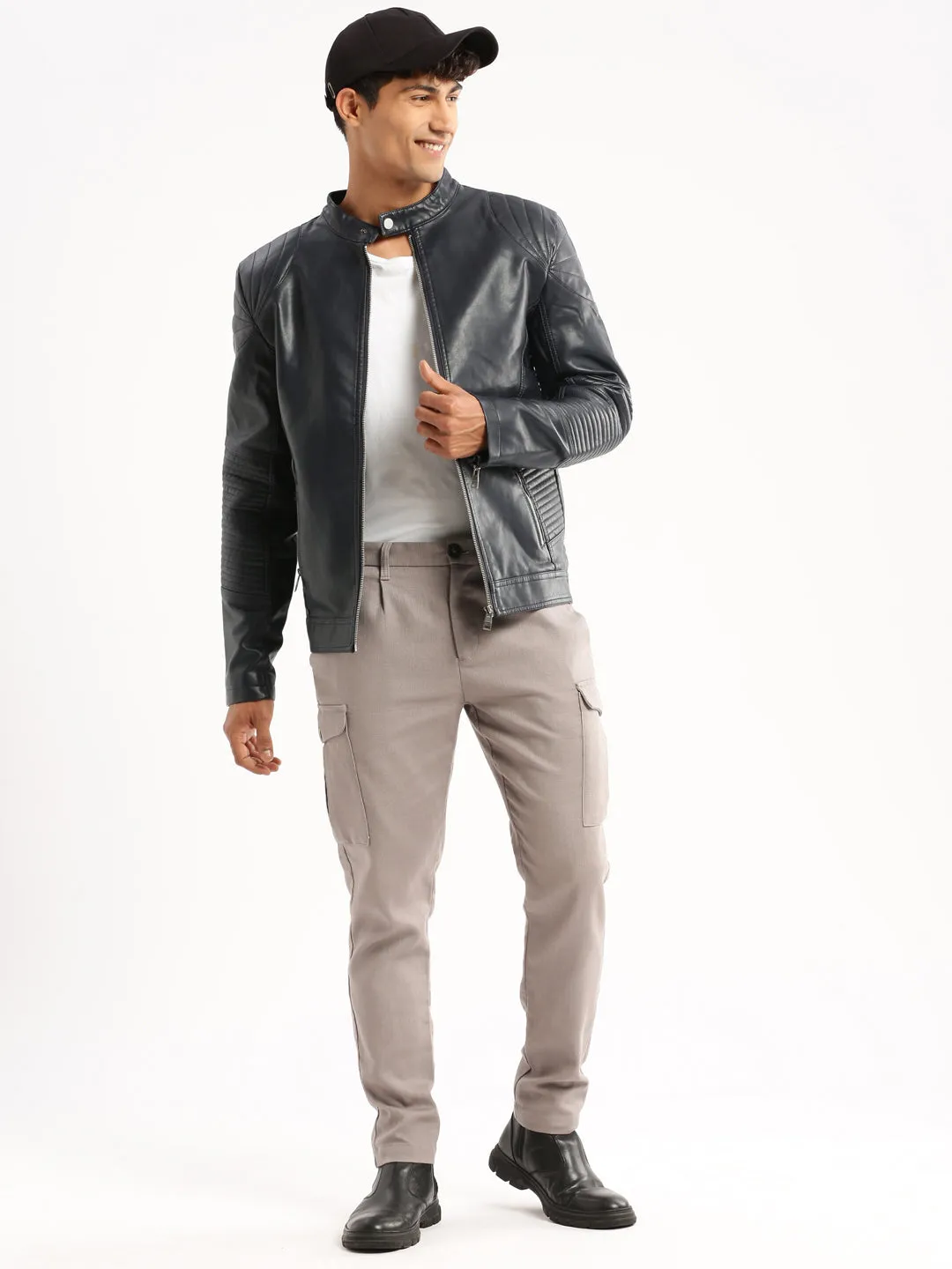 Men Navy Blue Stand Collar Tailored Jacket