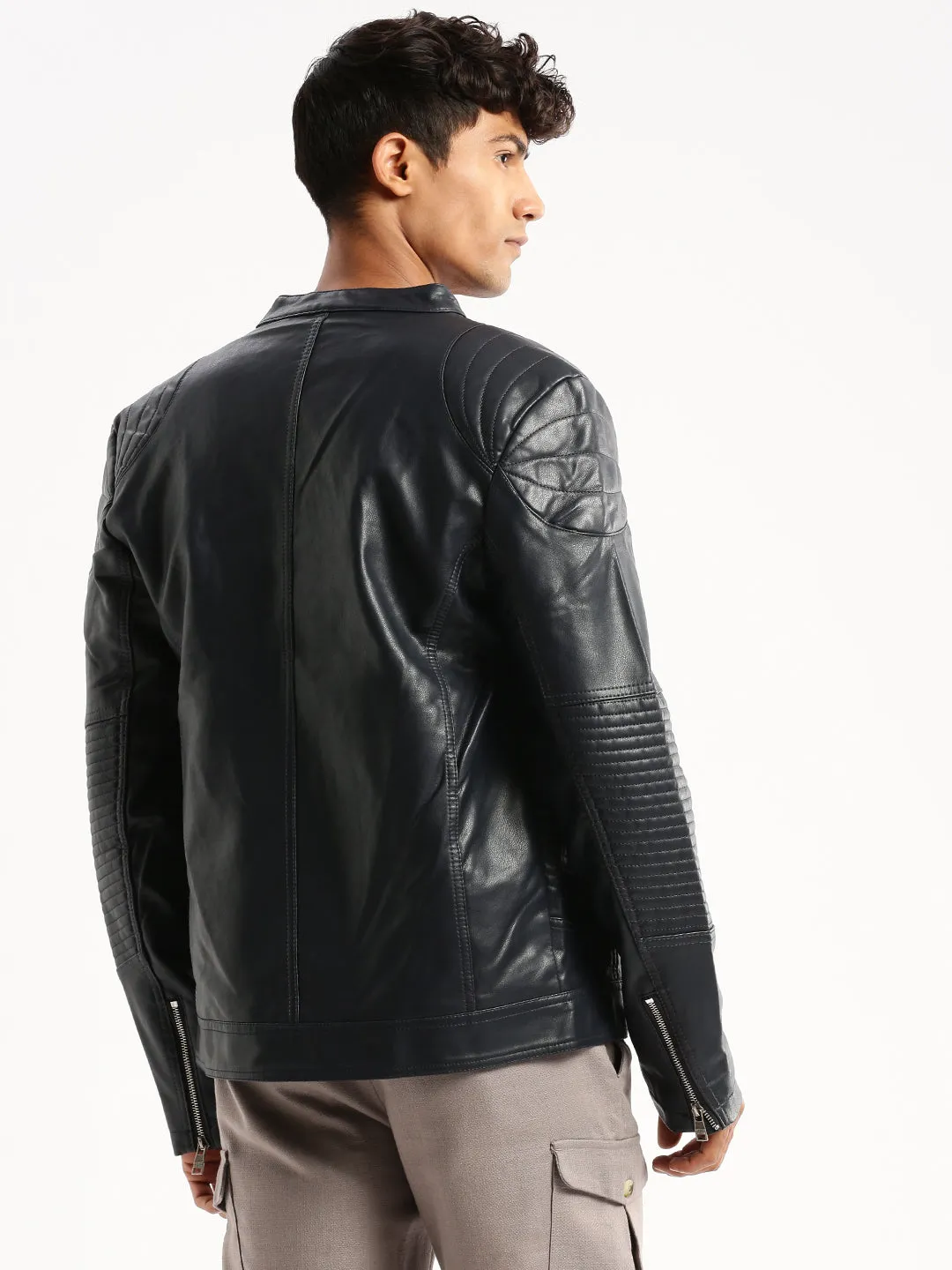 Men Navy Blue Stand Collar Tailored Jacket