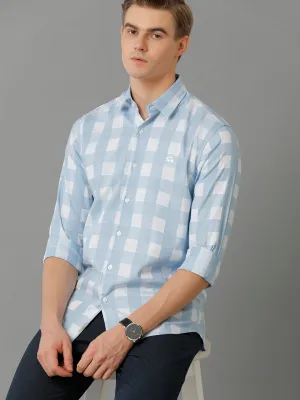 Men Skyblue Checked Slim Fit Giza Cotton Casual Shirt
