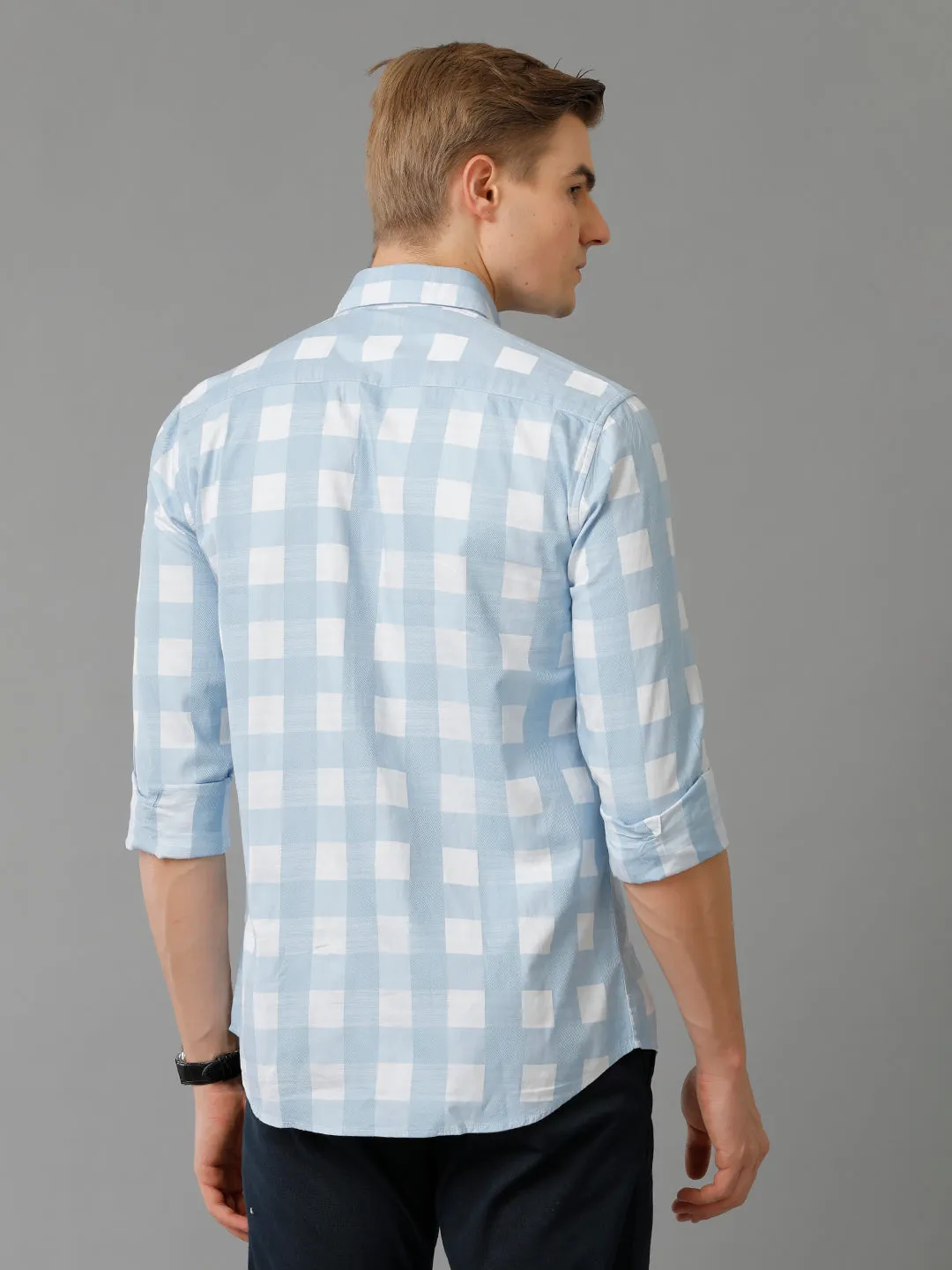 Men Skyblue Checked Slim Fit Giza Cotton Casual Shirt