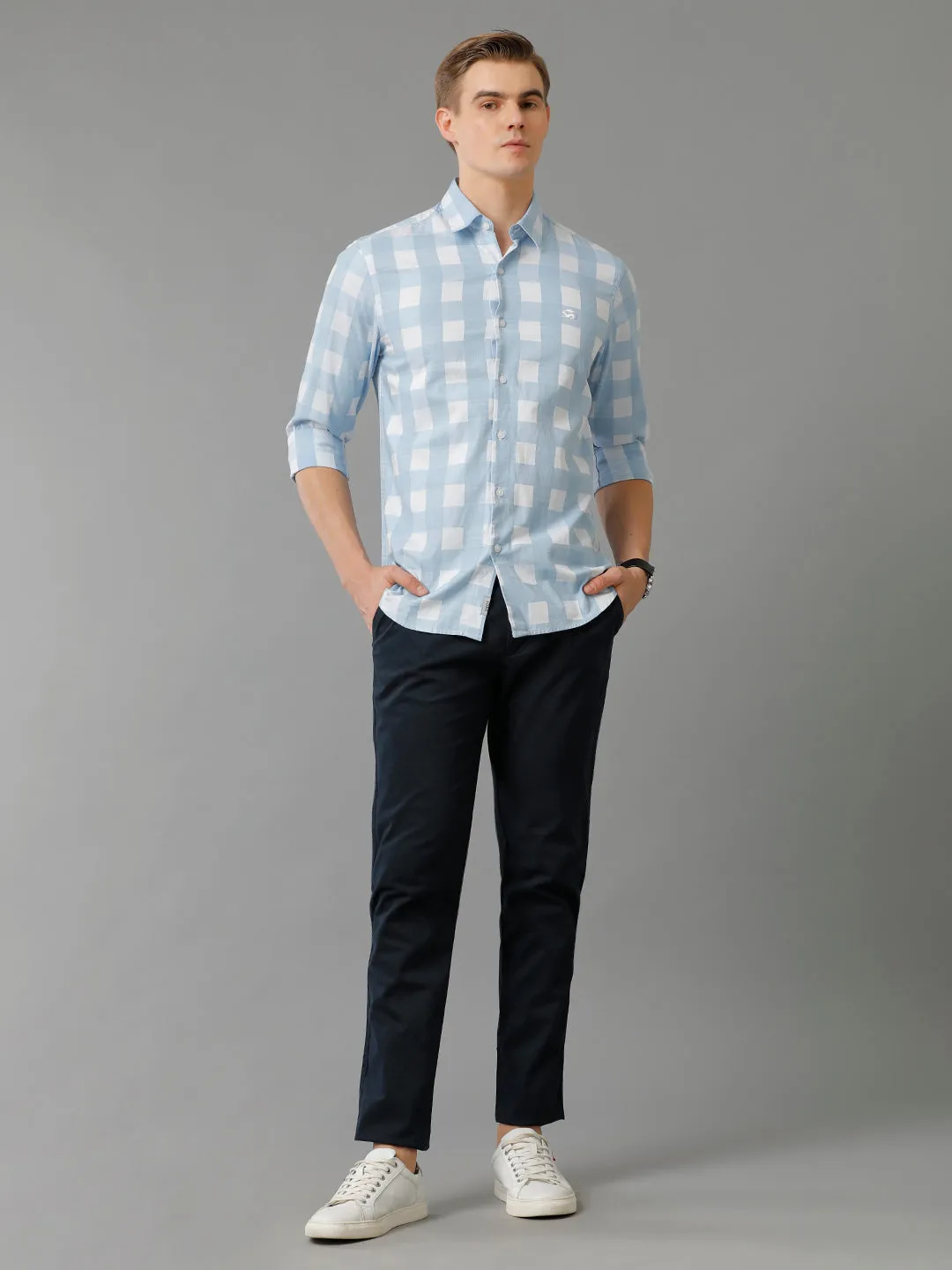 Men Skyblue Checked Slim Fit Giza Cotton Casual Shirt