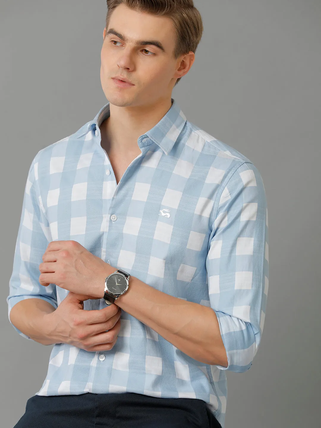 Men Skyblue Checked Slim Fit Giza Cotton Casual Shirt
