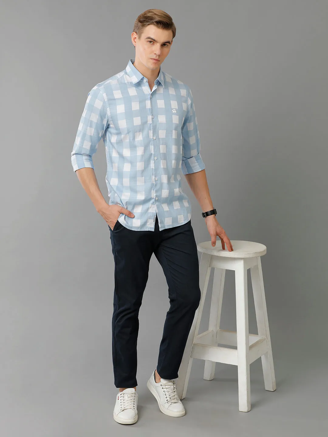 Men Skyblue Checked Slim Fit Giza Cotton Casual Shirt
