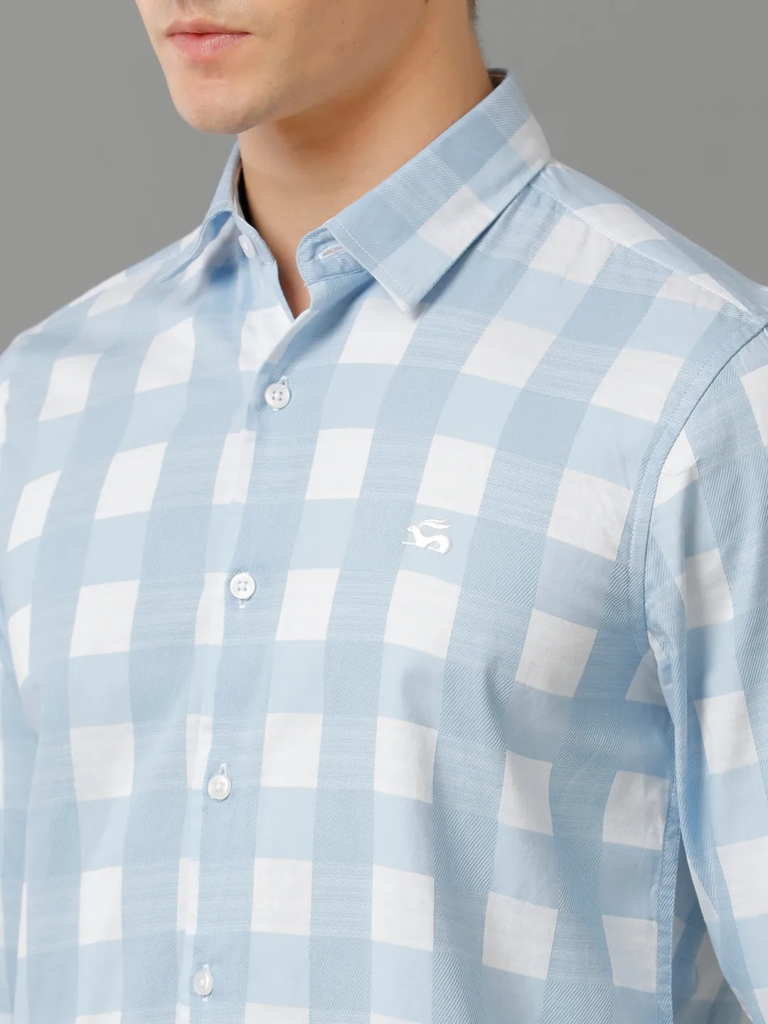 Men Skyblue Checked Slim Fit Giza Cotton Casual Shirt