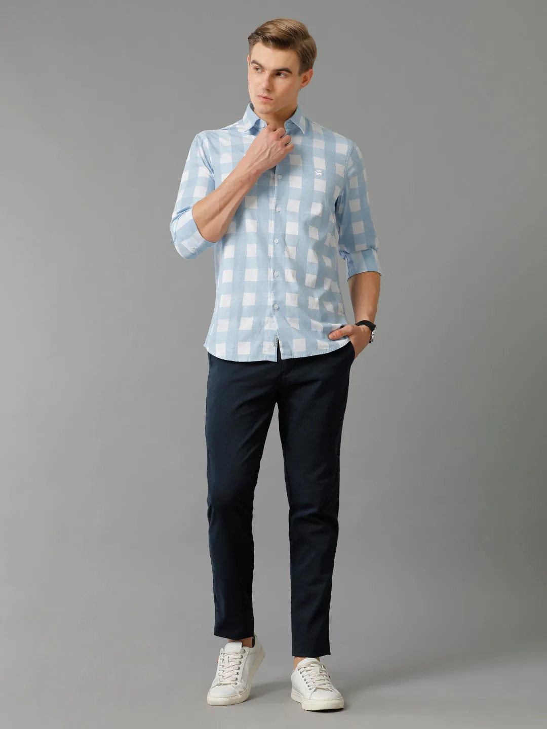 Men Skyblue Checked Slim Fit Giza Cotton Casual Shirt