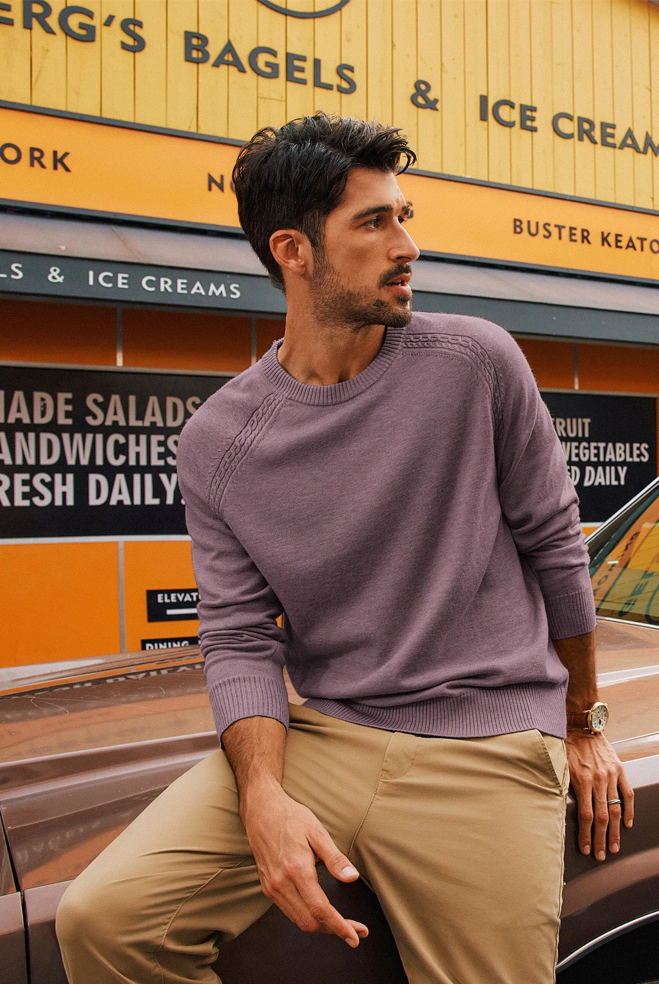 Men Stylish Sweater Long Raglan Sleeve Crew Neck Ribbed Cuff Pullover
