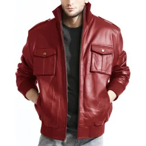 Men's Lambskin Bomber Style Red Leather Jacket by TJS