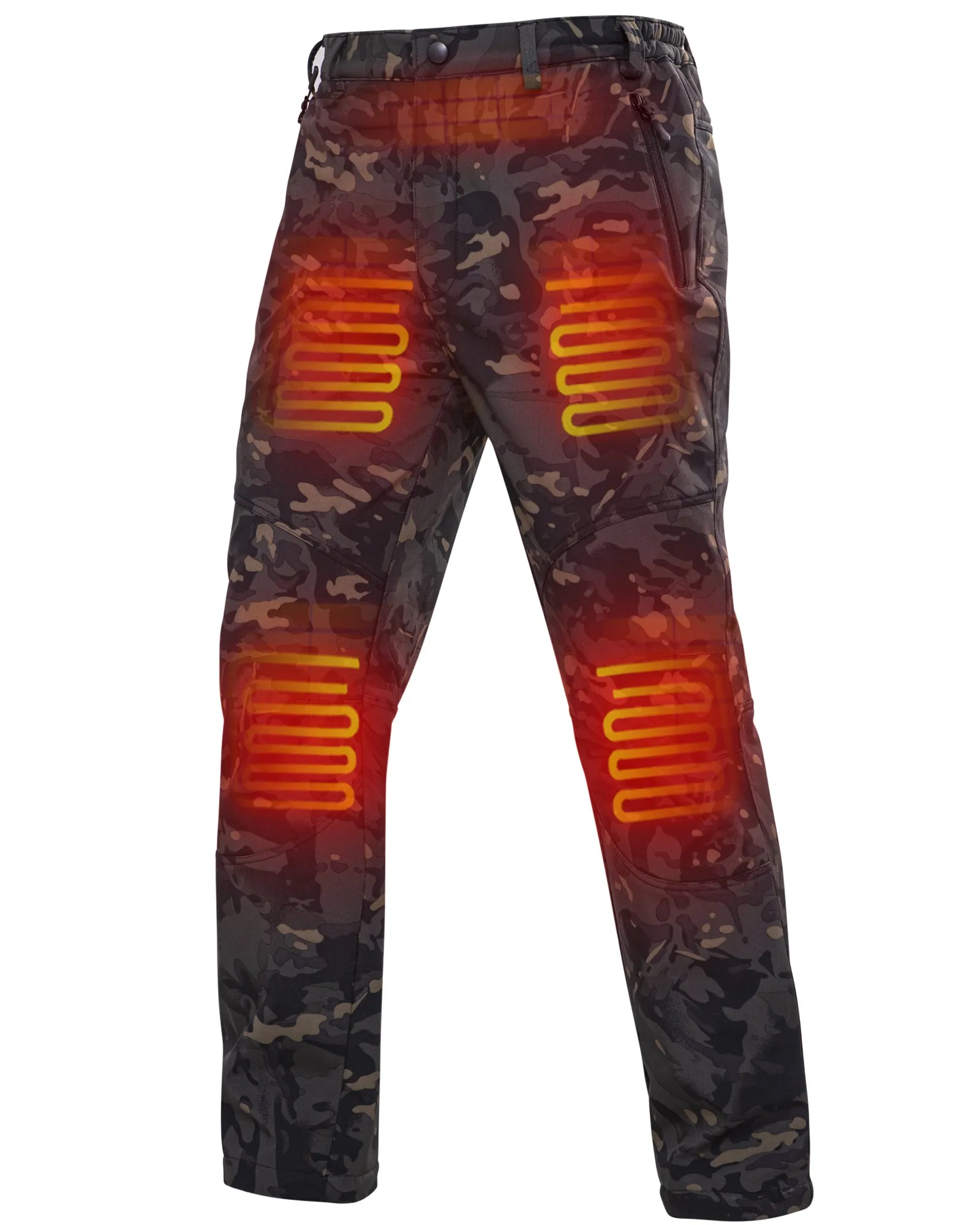 Men's Soft Shell  Heated Pants with 12V Battery Pack Fleece Lined - Black Camo