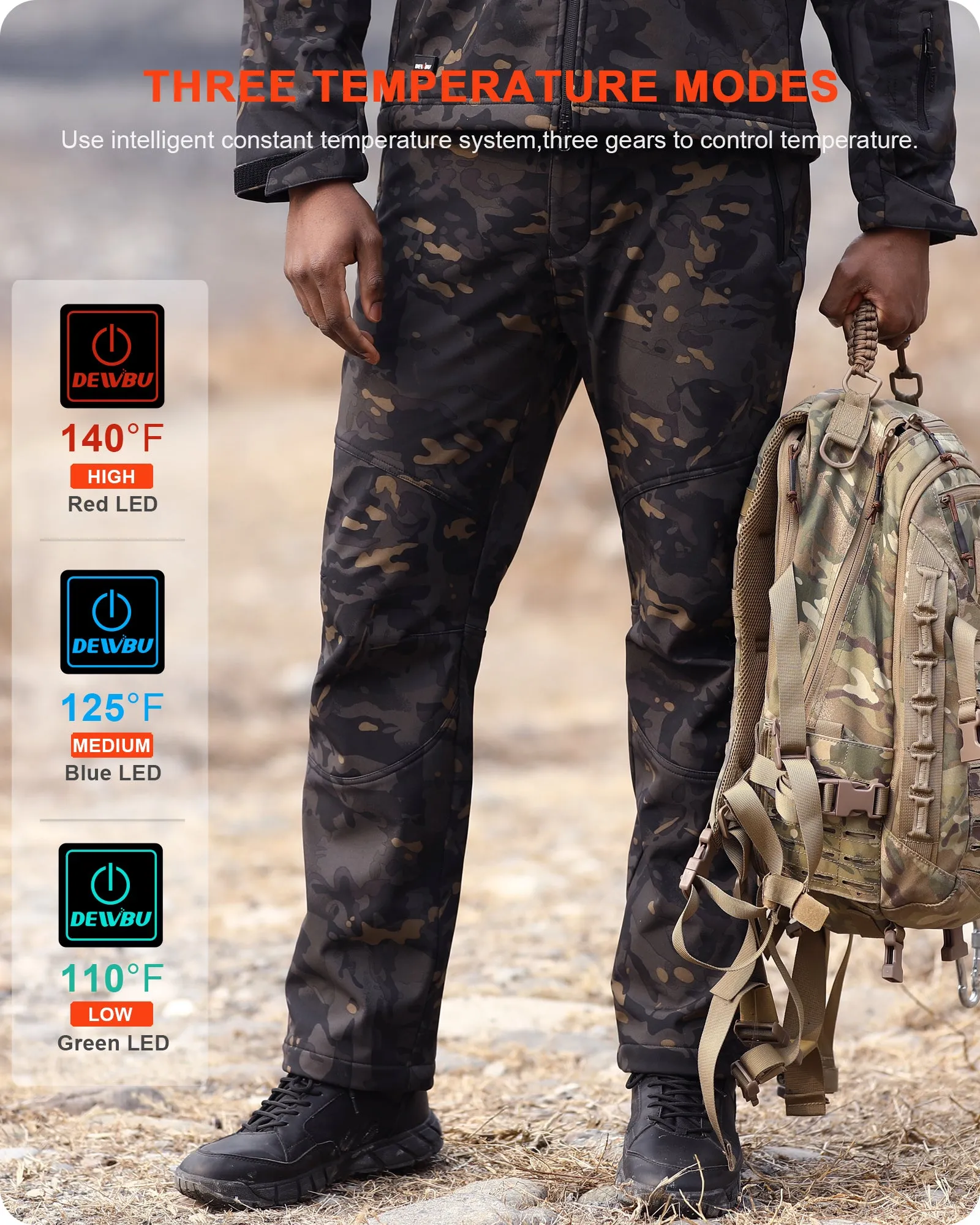 Men's Soft Shell  Heated Pants with 12V Battery Pack Fleece Lined - Black Camo