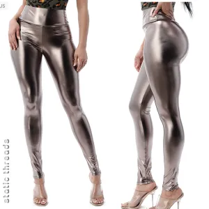 Metallic Faux Leather Leggings - Dark Charcoal