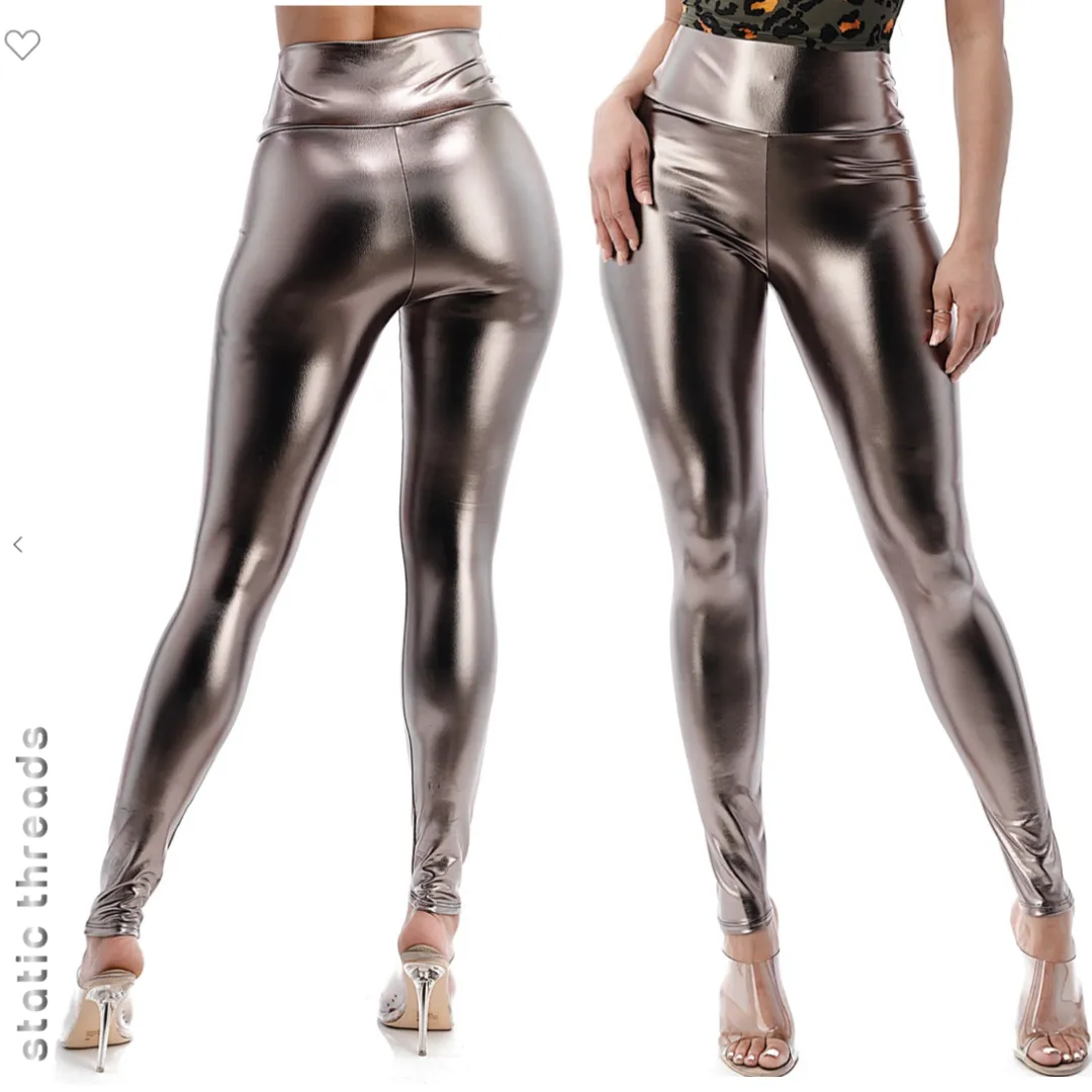 Metallic Faux Leather Leggings - Dark Charcoal