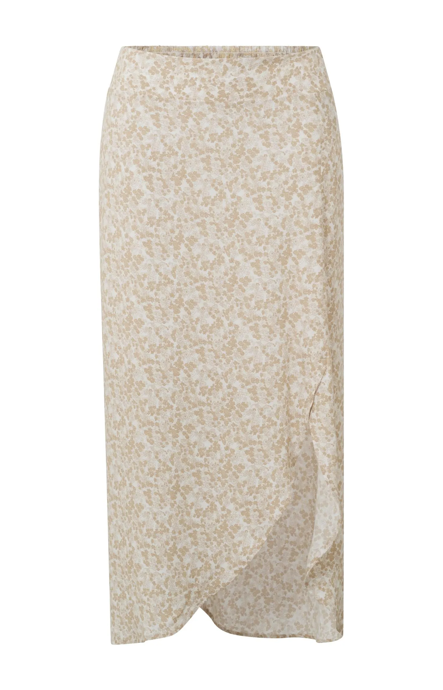 Midi skirt with elastic waist, wrap effect and floral print