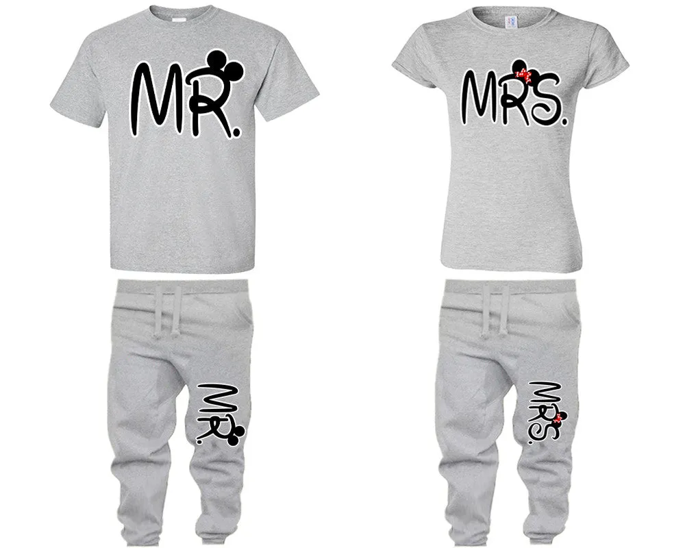 Mr. and Mrs. Couple Matching T-Shirts & Jogger Pants – 4-Piece Set: Men’s and Women’s Styles Sold Separately
