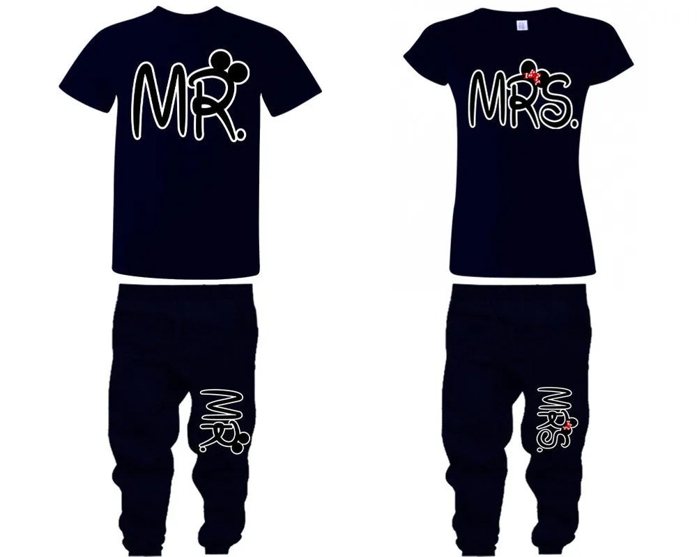 Mr. and Mrs. Couple Matching T-Shirts & Jogger Pants – 4-Piece Set: Men’s and Women’s Styles Sold Separately