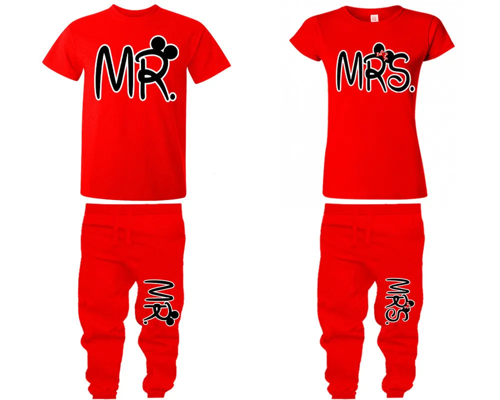 Mr. and Mrs. Couple Matching T-Shirts & Jogger Pants – 4-Piece Set: Men’s and Women’s Styles Sold Separately