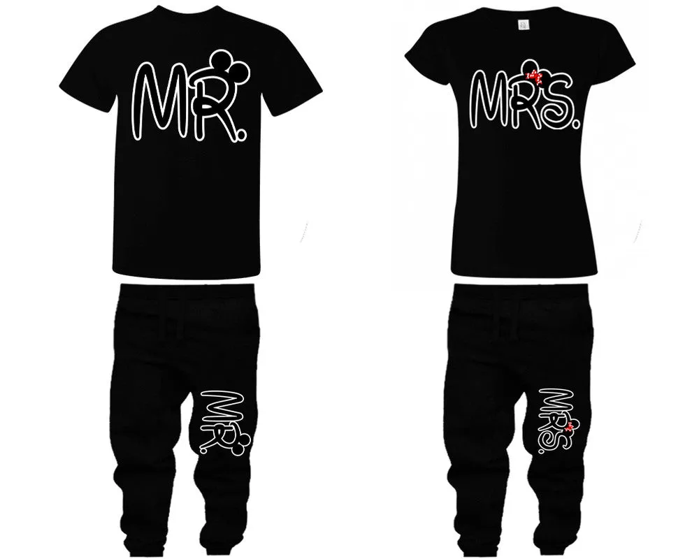 Mr. and Mrs. Couple Matching T-Shirts & Jogger Pants – 4-Piece Set: Men’s and Women’s Styles Sold Separately