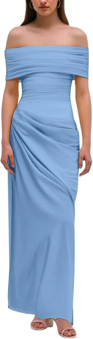 Off Shoulder Bridesmaid Dresses Long Ruched Chiffon Formal Evening Dress with Slit Woman Dresses Casual