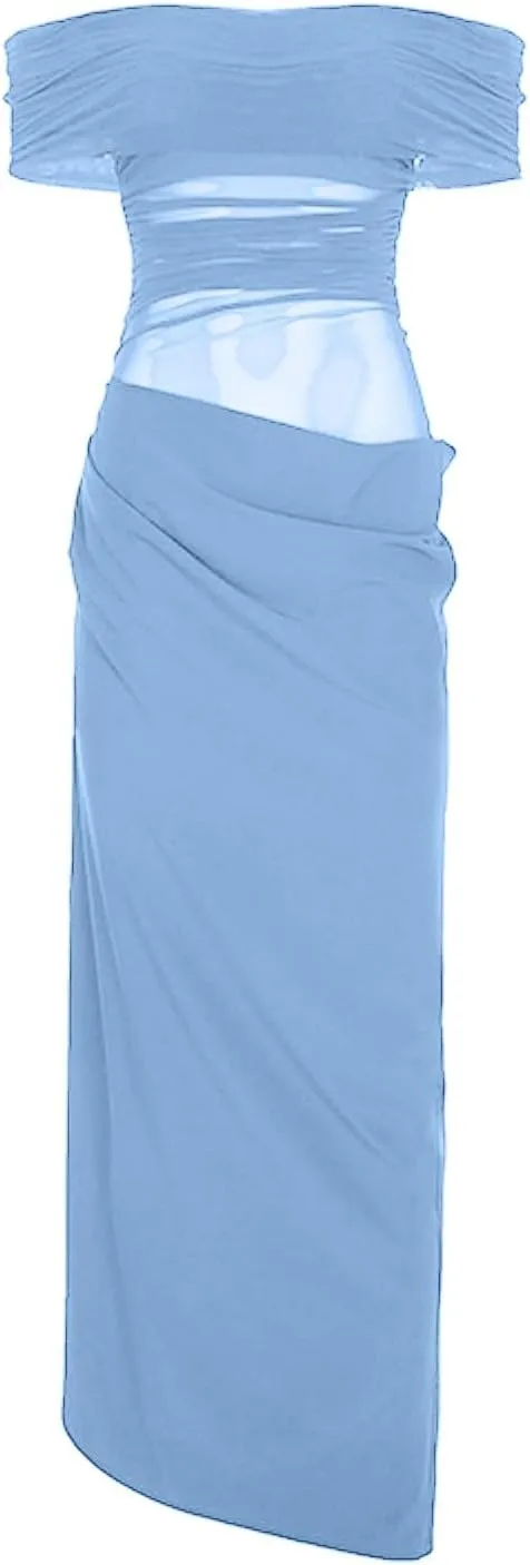 Off Shoulder Bridesmaid Dresses Long Ruched Chiffon Formal Evening Dress with Slit Woman Dresses Casual