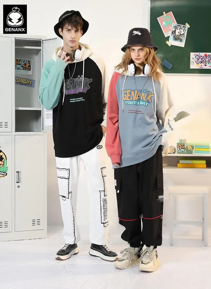 Patchwork Letter Print Raglan Sleeve Hoodies