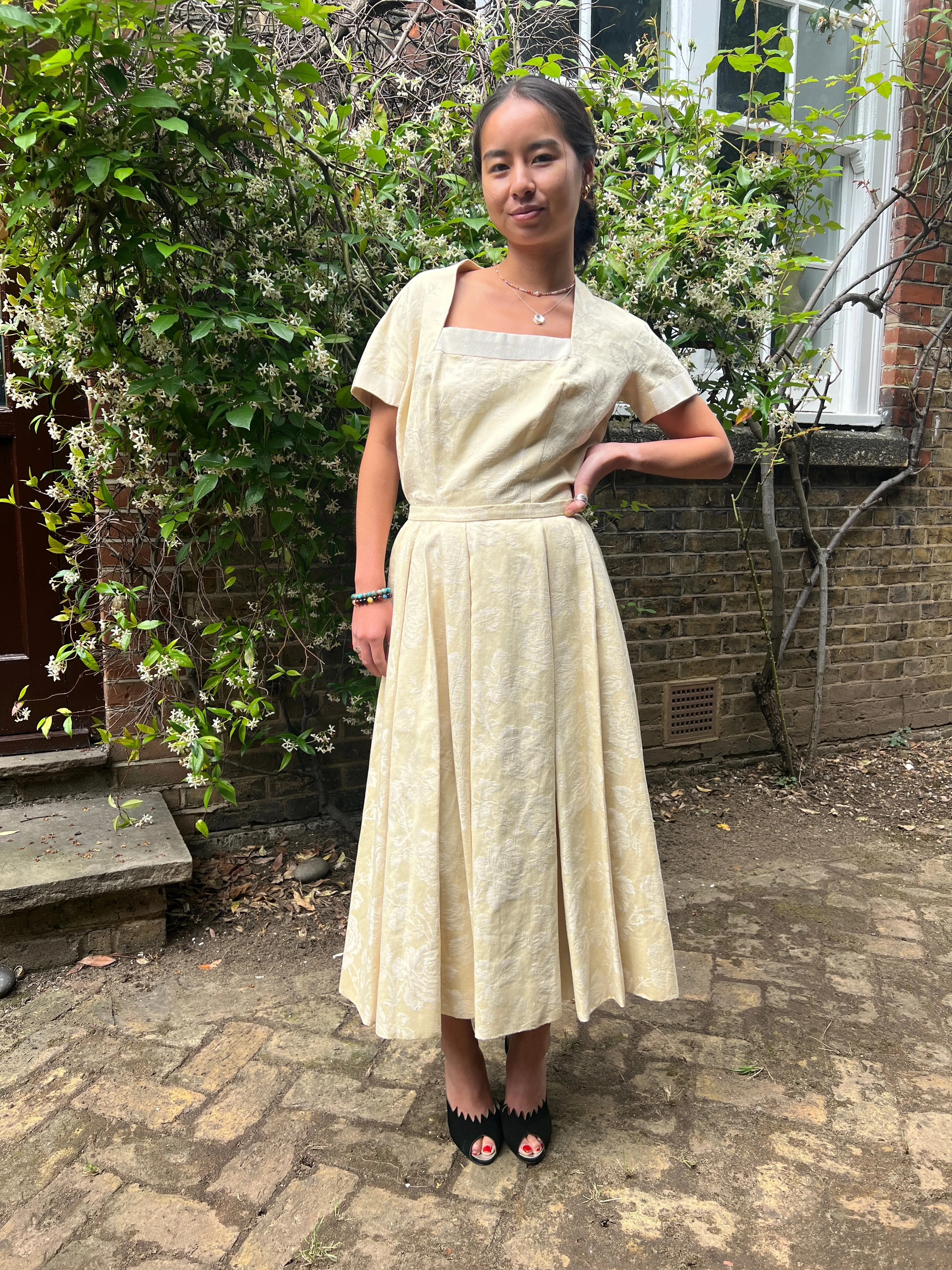 Pierre Balmain 1950s Haute Couture Cream Jacquard Two Piece Bridal Set