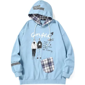Plaid Patchwork Cartoon Print Pocket Pullover Hoodies