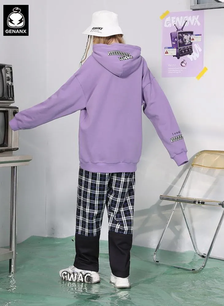 Plaid Patchwork Cartoon Print Pocket Pullover Hoodies
