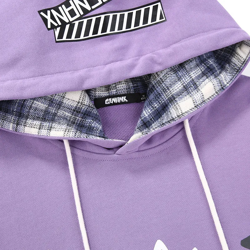 Plaid Patchwork Cartoon Print Pocket Pullover Hoodies