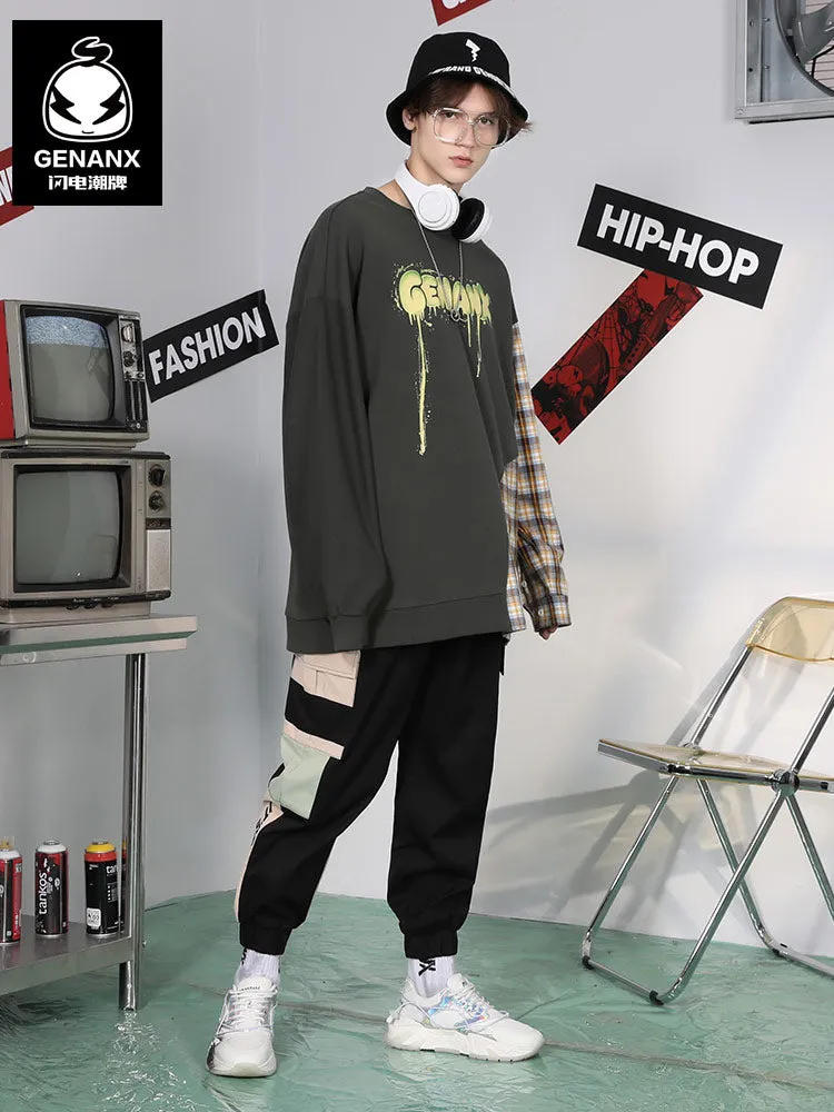 Plaid Patchwork Drop-Shoulder Sleeve Hoodies
