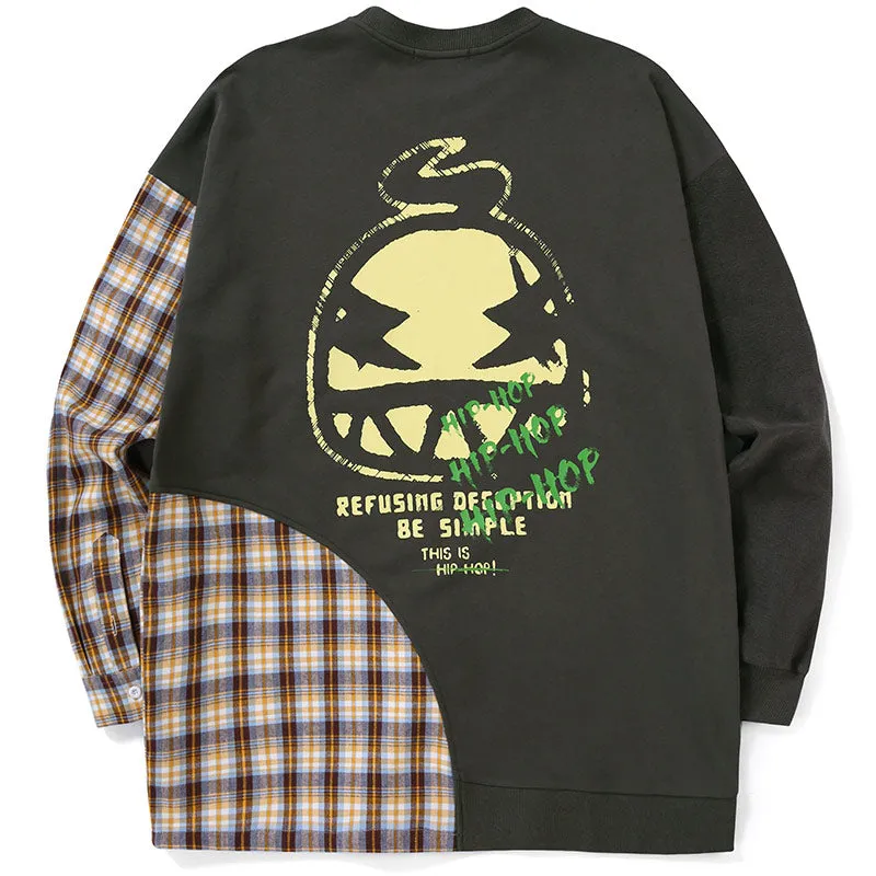 Plaid Patchwork Drop-Shoulder Sleeve Hoodies