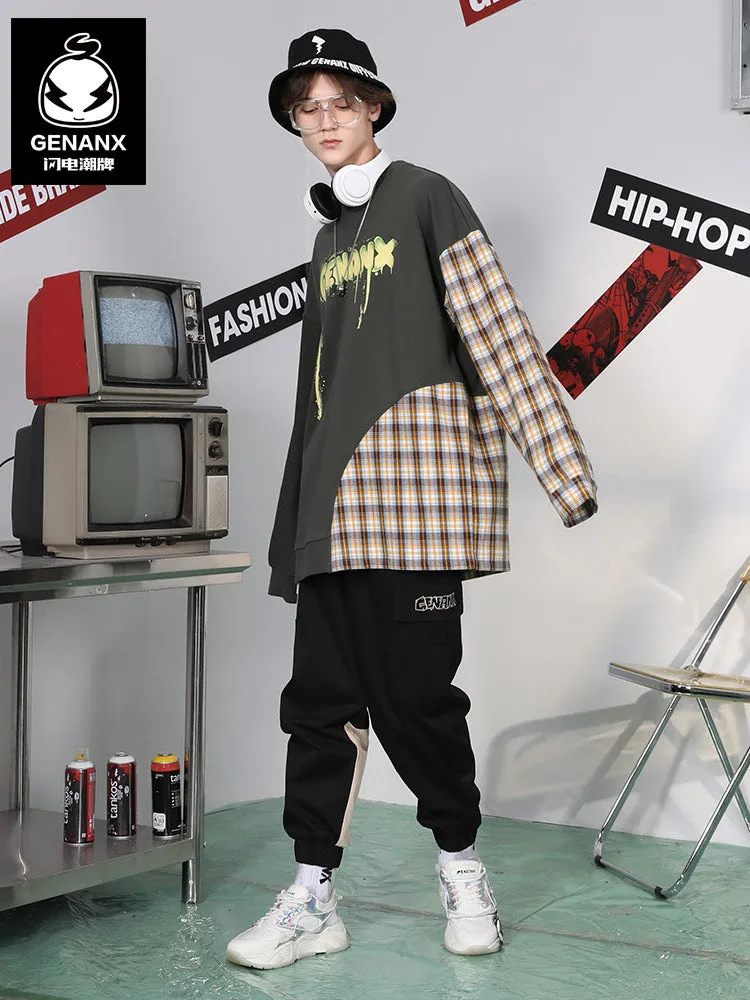 Plaid Patchwork Drop-Shoulder Sleeve Hoodies