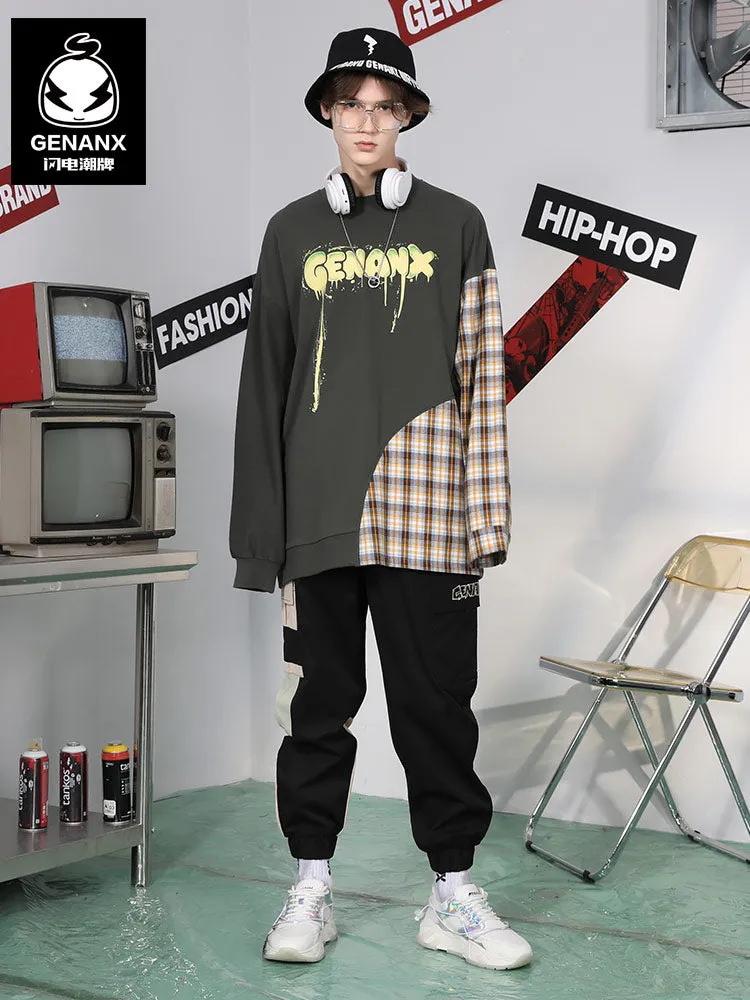 Plaid Patchwork Drop-Shoulder Sleeve Hoodies
