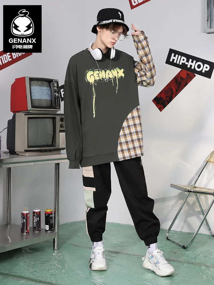 Plaid Patchwork Drop-Shoulder Sleeve Hoodies
