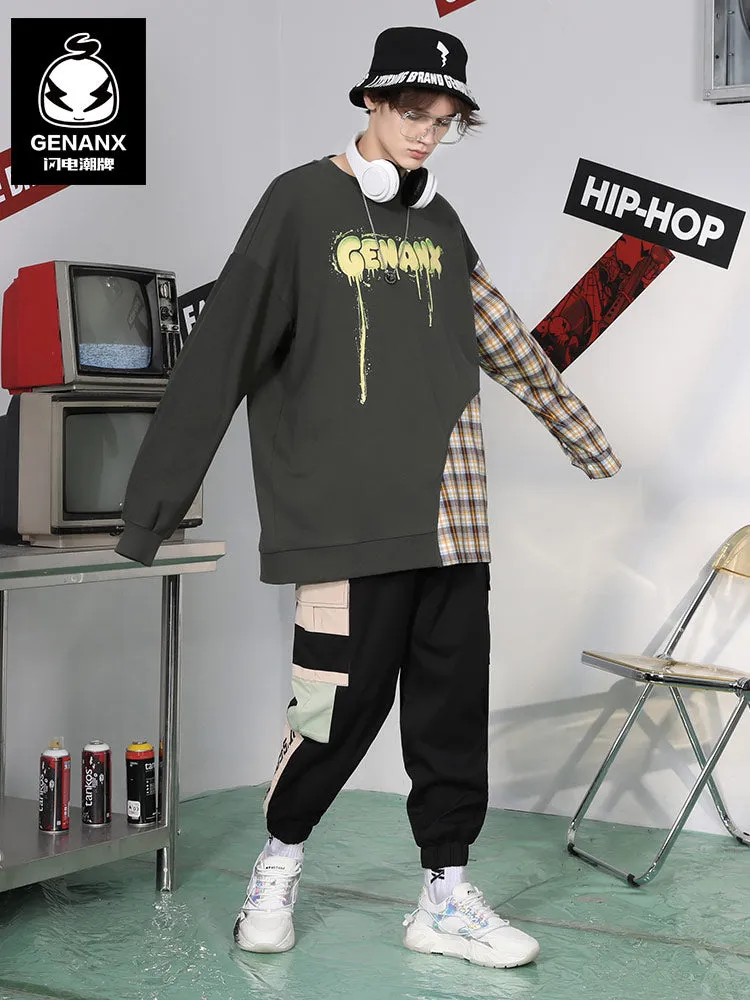 Plaid Patchwork Drop-Shoulder Sleeve Hoodies