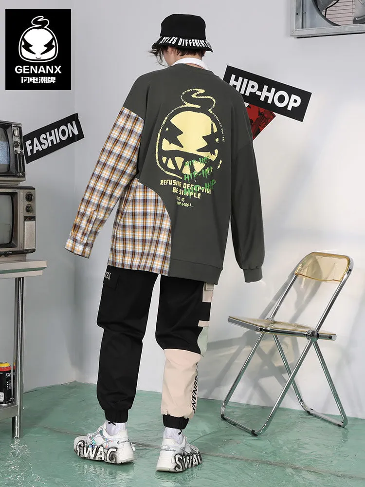 Plaid Patchwork Drop-Shoulder Sleeve Hoodies
