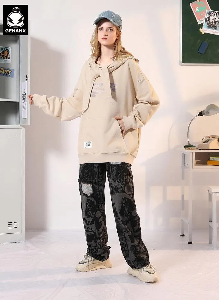 Plain Funny Print Pocket Pointed Collar Hoodies