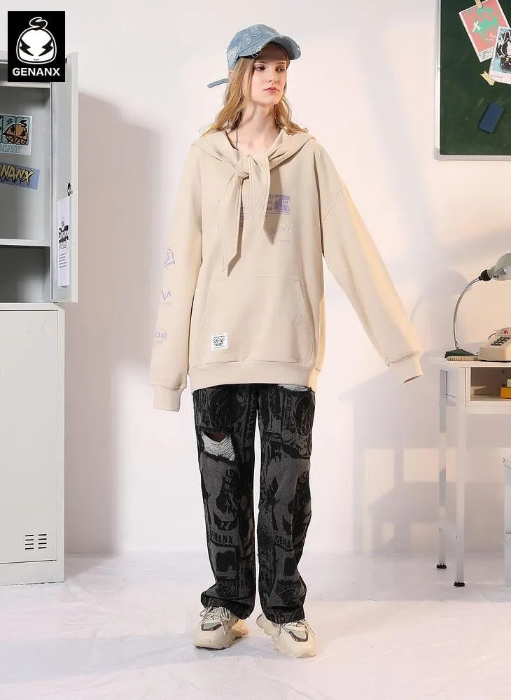 Plain Funny Print Pocket Pointed Collar Hoodies