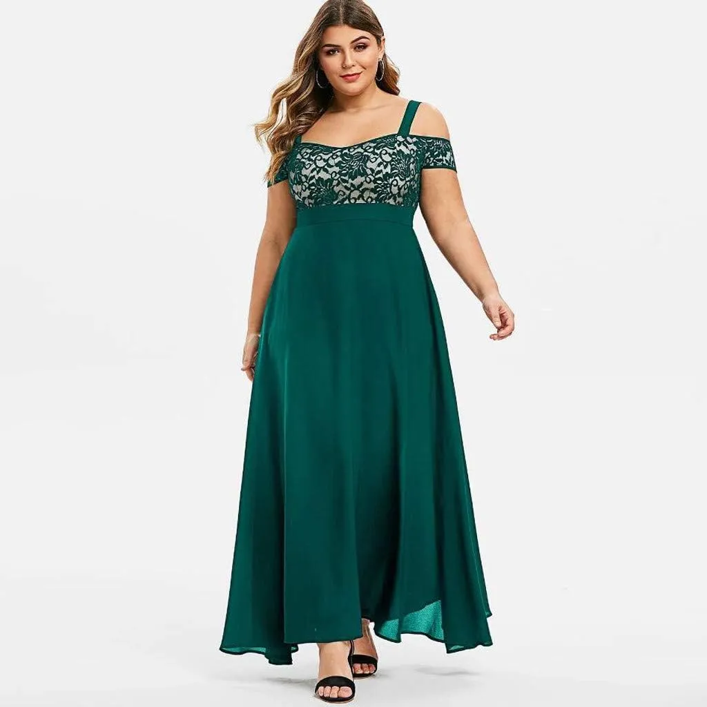 Plus Size Dress for Women Sexy Cami Evening Cocktail Party Gown Fashion Cold Shoulder Lace Dress A Line Flowy Dress