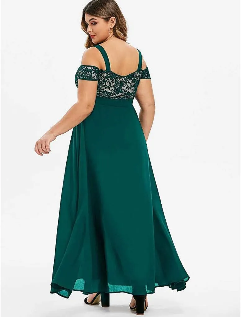 Plus Size Dress for Women Sexy Cami Evening Cocktail Party Gown Fashion Cold Shoulder Lace Dress A Line Flowy Dress