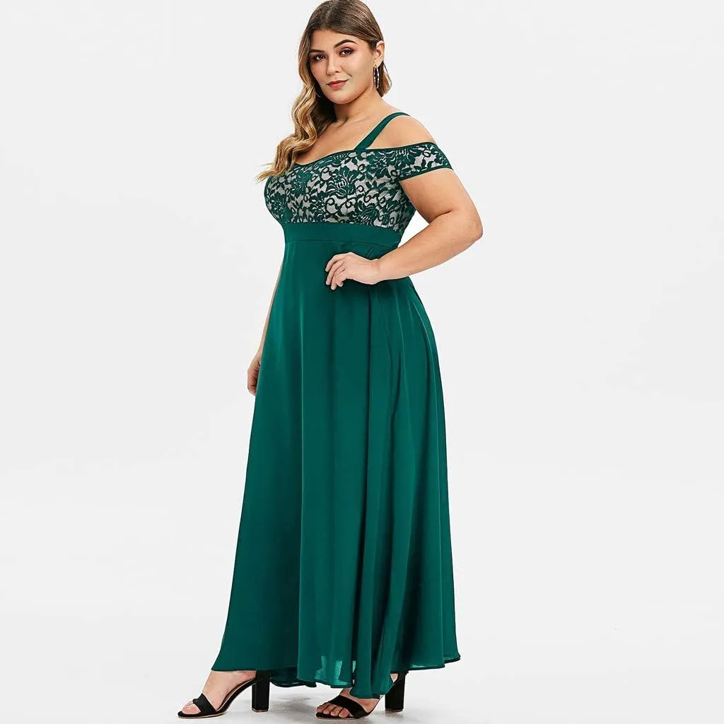 Plus Size Dress for Women Sexy Cami Evening Cocktail Party Gown Fashion Cold Shoulder Lace Dress A Line Flowy Dress