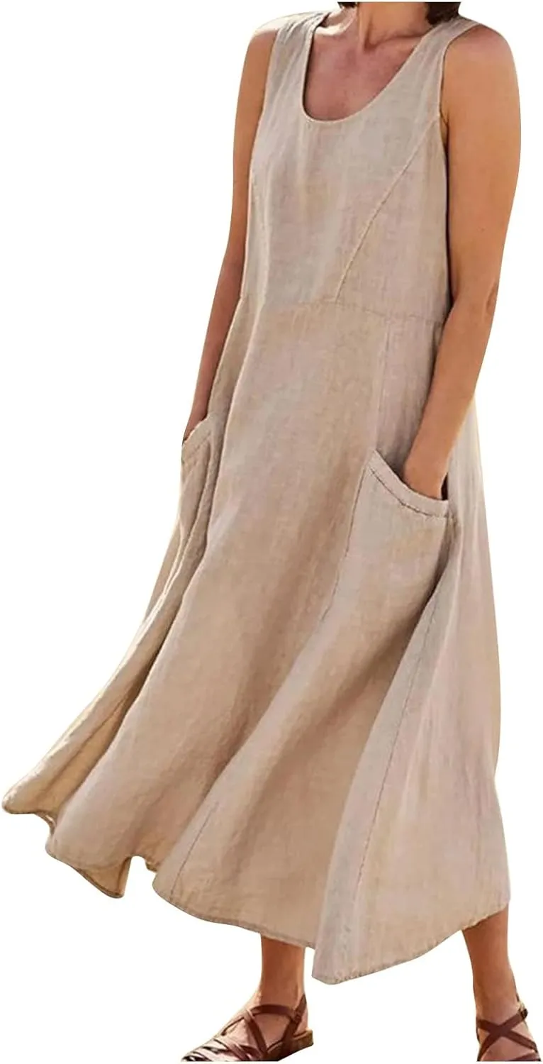 Plus Size Dresses for Curvy Women Summer Casual Sleeveless Cotton Sun Dress Maxi Tunic Tank Beach Dress with Pocket