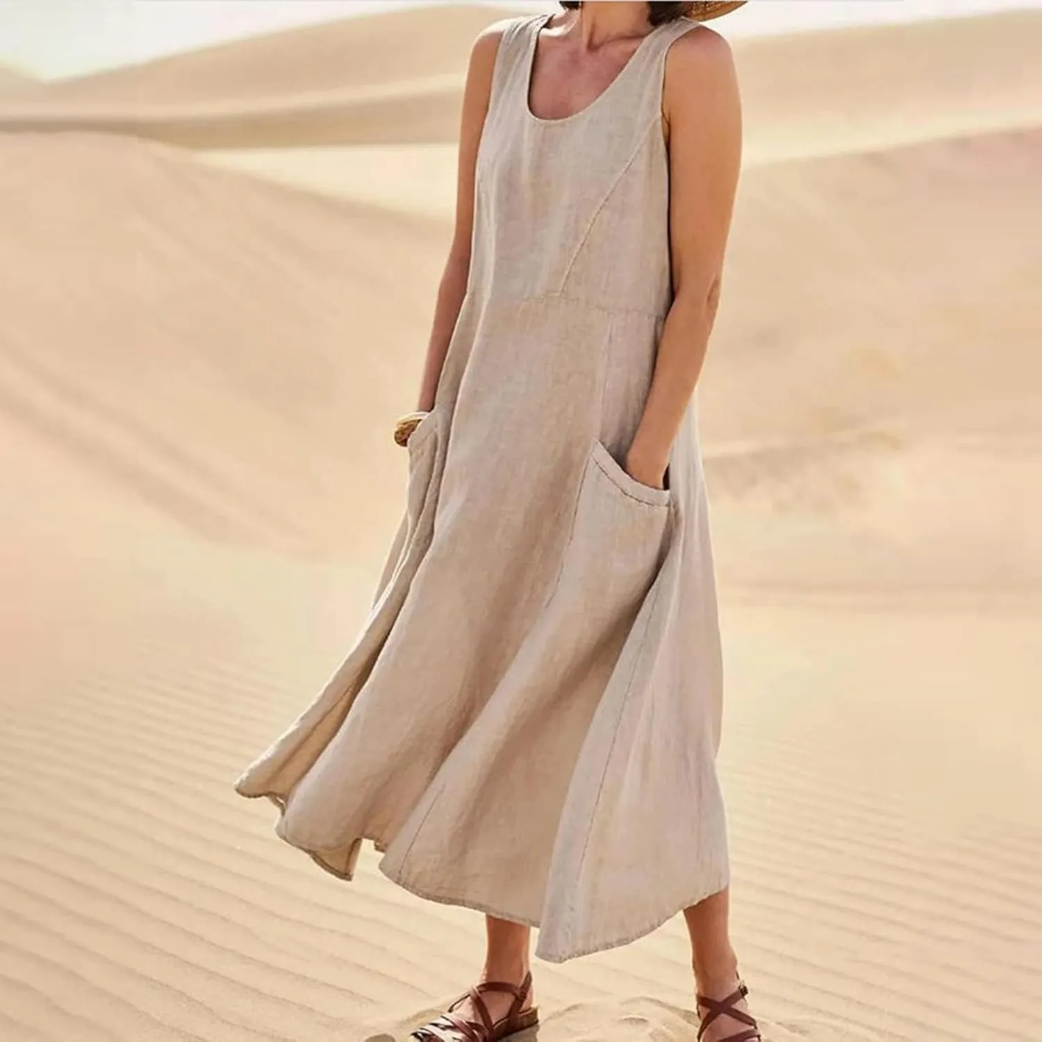 Plus Size Dresses for Curvy Women Summer Casual Sleeveless Cotton Sun Dress Maxi Tunic Tank Beach Dress with Pocket